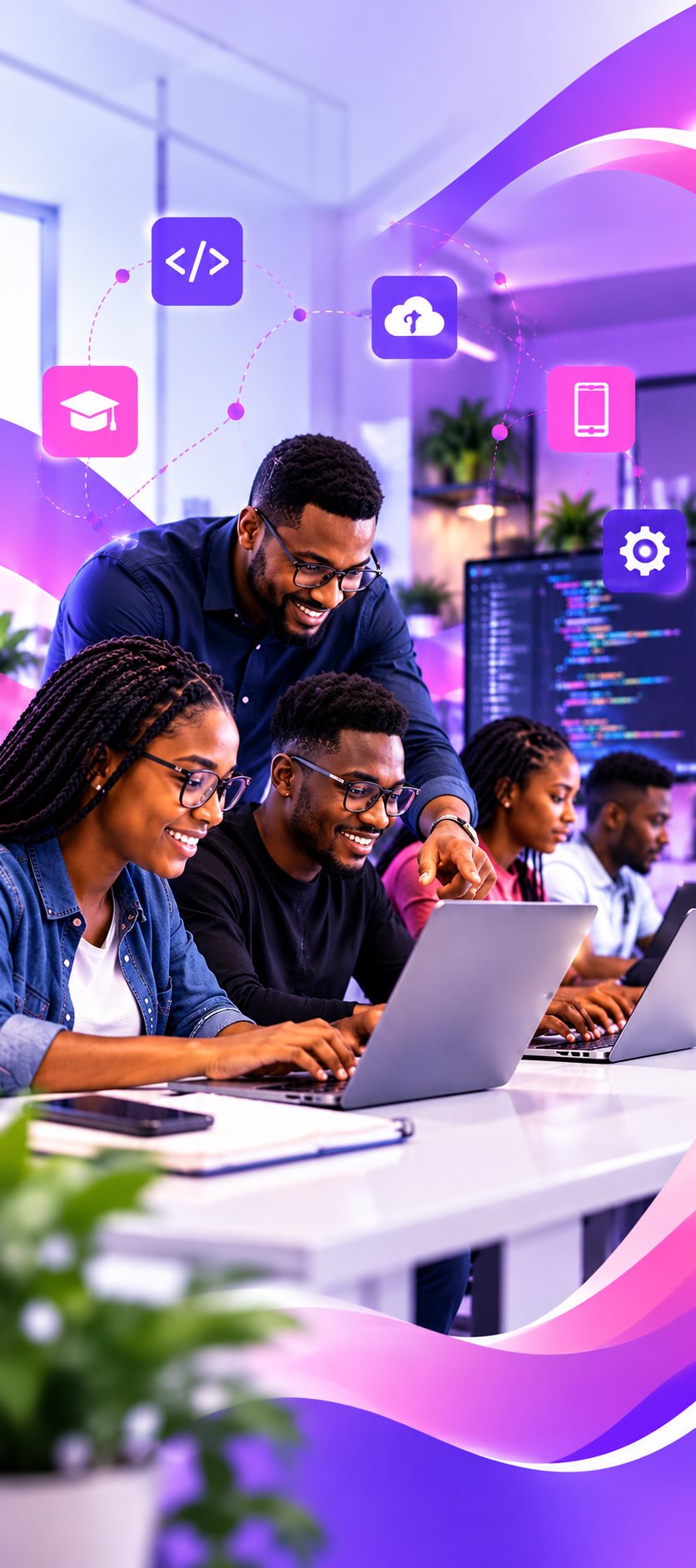 Developers learning together in a practical technology academy